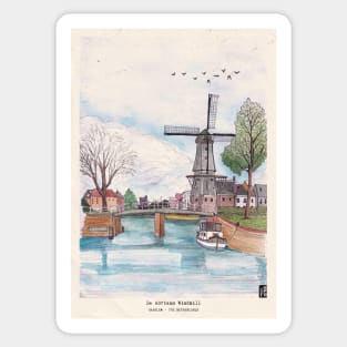 De Adriaan Windmill Haarlem Netherlands Watercolor Ink Travel Art Sticker